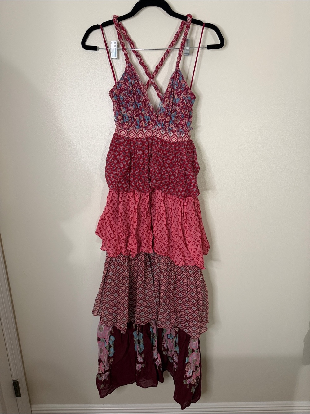 ZARA Woman Crossover Straps Ruffled Maxi Printed Dress Pink Red Open Back Small